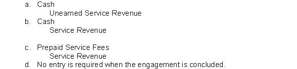 Kelly Rice has a large consulting practice. New clients are required to pay one-half of the consulting fees up front. The balance is paid at the conclusion of the consultation. How does Rice account for the cash received at the end of the engagement?  