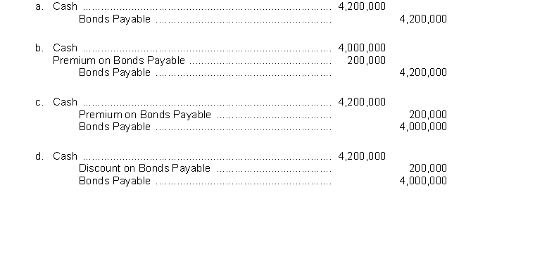 Four thousand bonds with a face value of $1,000 each, are sold at 105. The entry to record the issuance is  