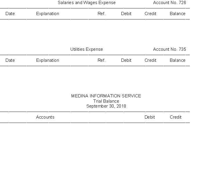 The transactions of Medina Information Service are recorded in the general journal below. You are to post the journal entries to the accounts in the general ledger. After all entries have been posted, you are to prepare a trial balance on the form provided.              