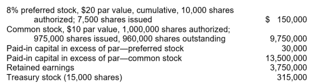 Vega Corporation's December 31, 2015 balance sheet showed the following:   Vega declared and paid a $58,000 cash dividend on December 15, 2015. If the company's dividends in arrears prior to that date were $10,000, Vega's common stockholders received A) $48,000. B) $22,000. C) $36,000. D) no dividend.