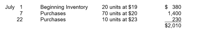 Priscilla has the following inventory information.   A physical count of merchandise inventory on July 31 reveals that there are 35 units on hand. Using the LIFO inventory method, the amount allocated to cost of goods sold for July is A) $1,280. B) $1,287. C) $1,306. D) $1,330.