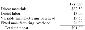 <strong>Cotton Corp currently makes 10,000 subcomponents a year in one of its factories.The unit costs to produce are: An outside supplier has offered to provide Cotton Corp with the 10,000 subcomponents at a $84.50 per unit price.Fixed overhead is not avoidable.If Cotton Corp accepts the outside offer,what will be the effect on short-term profits? </strong> A)$260,000 increase B)$195,000 decrease C)no change D)$65,000 increase