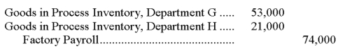If Department G uses $53,000 of direct labor and Department H uses $21,000 of direct labor, the following journal entry would be recorded using a process cost accounting system:   