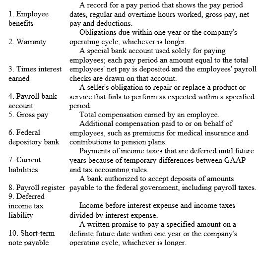 Match each of the following terms with the appropriate definitions.   
