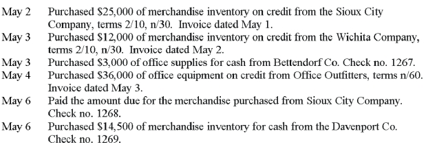 Williams Company began business on May 1. They use the periodic inventory method. The following transactions involving purchases and cash disbursements occurred during the first week of May. a. Use the purchases journal and the cash disbursements journal to record these transactions. b. Prepare a schedule of accounts payable. There was no accounts payable balance on May 1.     