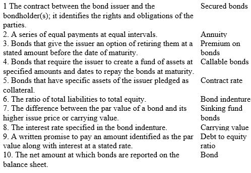 Match each of the following terms with the appropriate definitions 1 through 10.   