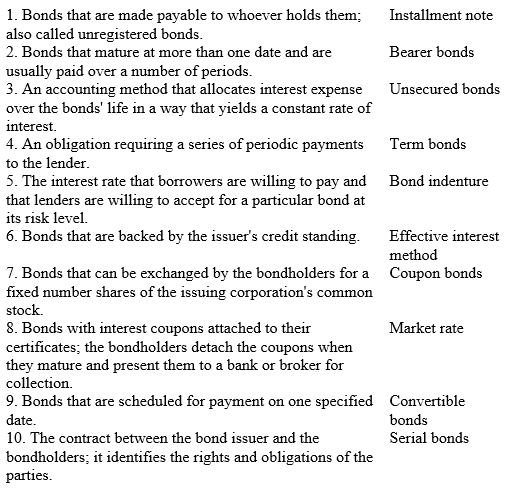 Match each of the following terms with the appropriate definitions 1 through 10.   
