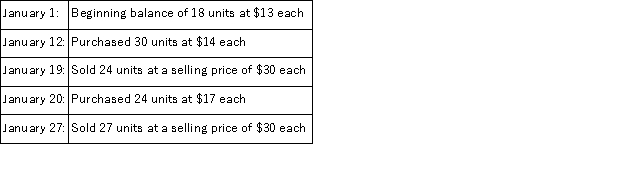 A company sells a climbing kit and uses the periodic inventory system to account for its merchandise. The beginning balance of the inventory and its transactions during January were as follows:   If the ending inventory is reported at $357, what inventory method was used? A) LIFO B) Retail inventory method C) Weighted average D) Specific identification E) FIFO