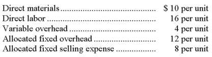 A company has just received a special, one-time order for 1,000 units. Producing the order will have no effect on the production and sales of other units. The buyer's name will be stamped on each unit, at a total cost of $2,000. Normal cost data, excluding stamping, follows:   What selling price per unit will this company require to earn $3,000 on the order?