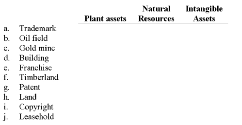 Identify each of the following assets by balance sheet classification by placing an X in the correct classification: Plant Assets, Natural Resources, or Intangibles.  