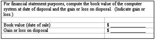Depreciation and disposal--a comprehensive problem Domino,Inc.uses straight-line depreciation with a half-year convention in its financial statements.On March 10,2010,Domino acquired a computer system at a cost of $98,800.Estimated useful life is six years,with residual value of $5,200. (a)Complete the following schedule,showing depreciation expense Domino expects to recognize each year in the financial statements.   (b)Assume Domino sells the computer system on October 3,2013,for $26,650.  