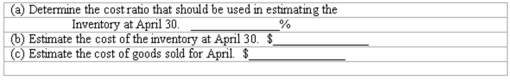Retail method Omega Signs uses the retail method to estimate ending inventory in its monthly financial statements.The following information is available for the month ended April 30:   Using the retail method:  