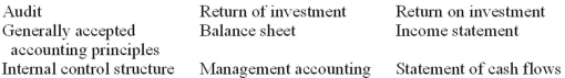Accounting terminology Listed below are nine accounting terms introduced in this chapter:   Each of the following statements may (or may not)describe one of these terms.In the space provided below each statement,indicate the accounting term described,or answer  None  if the statement does not correctly describe any of the terms.More than one statement may describe a single term. (A.)The repayment to an investor of the amount originally invested in an enterprise. (B.)An examination of financial statements designed to determine their fairness in relation to generally accepted accounting principles. (C.)The accounting standards and concepts used in the preparation of financial statements. (D.)A system of measures designed to assure management that all aspects of the business are operating according to plan. (E.)A listing of assets,liabilities,and stockholders' equity as of a specific date. (F.)The payment of an amount for using another's money. (G.)An activity statement that shows the details of the company's activities involving cash during a period of time.