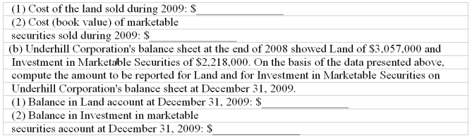  Comparison of cash flows and accrual basis Underhill Corporation's statement of cash flows for 2009 shows the following information regarding investing activities:  \begin{array} { | l | l | }  \hline \text { Purchases of marketable securities } & \$ ( 1,518,000 ) \\ \hline \text { Proceeds from sale of marketable securities } & 811,000 \\ \hline \text { Proceeds from sale of land } & \underline { 425,000 } \\ \hline \text { Net cash used by investing activities } & \underline { \$ ( 282,000 ) } \\ \hline \end{array}   Underhill Corporation's income statement for 2009 includes the following items:  \begin{array} { | l | l | }  \hline \text { Loss on sale of marketable securities } & \$ 157,000 \\ \hline \text { Gain on sales of land } & \$ 179,000 \\ \hline \end{array}   (a) All payments and proceeds relating to these transactions were in cash. Using this information, compute the following:   