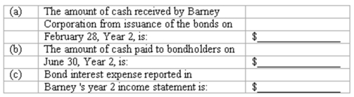 Bonds payable-issued between interest dates Barney Corporation received authorization on December 31, Year 1, to issue $2,500,000 of 6%, 10-year bonds. The interest payment dates are June 30 and December 31. All the bonds were issued at a price of 100, plus accrued interest, on February 28, Year 2, two months after the authorization of the bond issue.   (d) Prepare the journal entry at February 28, Year 2, to record the issuance of the bonds. (e) Prepare the journal entry at June 30, Year 2 to record the first semiannual interest payment on the bonds.