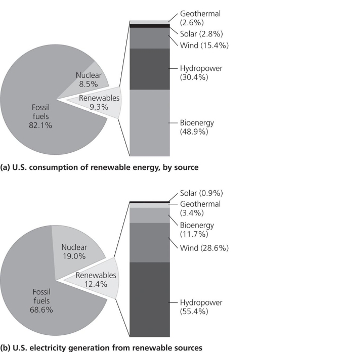 Use the accompanying figure to answer the following questions.    -For primary energy, the major renewable sources in the United States are ___________ A) hydropower and wind B) geothermal and solar C) wind and solar D) bioenergy and solar E) hydropower and bioenergy