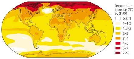   Use the figure above to answer the following question. -The region of the planet that will see the smallest rises in temperature is _________________ A)  oceans B)  the Antarctic C)  islands D)  Asia/Australia E)  the Arctic