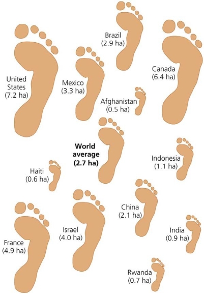   Use the figure above to answer the following question -The worldʹs average footprint per person is about 2.7 hectares per person. At that size, we are depleting our renewable resources 30% faster than they can replenish. The U.S. average footprint is 9.4 hectares, which is times larger than the average world footprint. A)  5 B)  3.5 C)  2.5 D)  2 E)  6.7