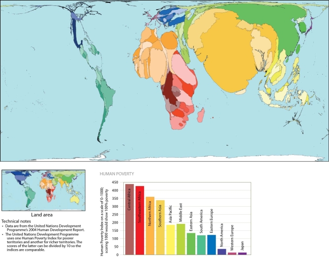   -Examine the map in this figure and identify which of the following regions represent the lowest combined levels of poverty? A) North and South America B) Southeast Asia and the Middle East C) Central,southern,and northern Africa D) Asia Pacific and eastern Asia
