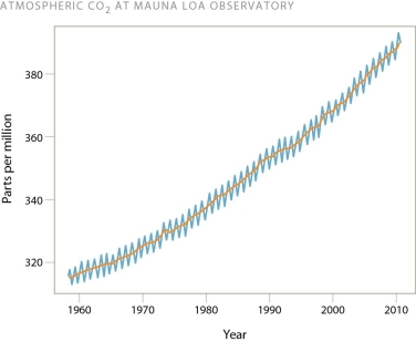   -The general pattern in this figure reveals increasing levels of carbon dioxide in the atmosphere over the past fifty years.Why is the red line wavy and the blue line steadily increasing? A) The red line drops in the winter when photosynthesis decreases. B) The red line increases in the summer when people are more likely to run their air conditioners. C) The blue line reflects changes in temperature while the red line represents changes in carbon dioxide levels. D) The red line reflects changes in the ocean levels that occur when carbon dioxide levels are higher.