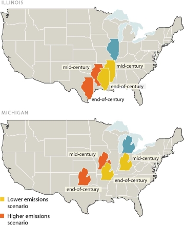   -According to the latest government predictions shown in the figure above,in 40 years the Chicago,Illinois,climate will change to be most like the current climate in A) St.Louis,Missouri. B) Lincoln,Nebraska. C) Cincinnati,Ohio. D) Iowa City,Iowa.