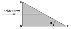 <strong>A ray of light is normally incident on face ab of a plastic prism with an index of refraction n = 1.20 as shown. Determine the largest value of the angle so that the ray is totally reflected at the face ac if the prism is immersed in a liquid with refractive index 1.12.</strong> A)21° B)34° C)69° D)78° E)Total internal reflection will not occur for any value of