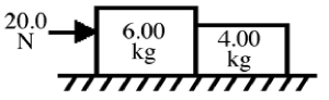 A 6.00-kg block is in contact with a 4.00-kg block on a horizontal frictionless surface as shown in the figure.The 6.00-kg block is being pushed by a horizontal   force as shown.What is the magnitude of the force that the   block exerts on the   block?   A)  6.00 N B)  20.0 N C)  8.00 N D)  4.00 N E)  10.0 N