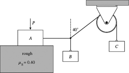A system of blocks and a frictionless pulley is shown in the figure.Block A has a mass of 2.0 kg and is on a rough horizontal surface for which μ<sub>s</sub> = 0.40 between the surface and block A.The rope pulls horizontally on block A.Block C has a mass of 1.0 kg.An external force   ,applied vertically to block A,maintains the system at rest as shown in the figure.What is the friction force on block A?   A)  6.3 N B)  6.9 N C)  7.5 N D)  5.7 N E)  5.1 N