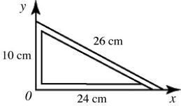 In the figure,a 60-cm length of uniform wire,of 60 g mass and negligible thickness,is bent into a right triangle.The x and y coordinates of the center of mass,in cm,are closest to   A)  (8, 3) . B)  (8, 5) . C)  (9, 4) . D)  (10, 3) . E)  (10, 5) .
