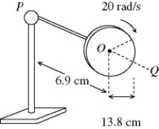 In the figure,the rotor of a gyroscope is a uniform disk that has a radius of 13.8 cm and a moment of inertia about its axis of   .The length of the rotor shaft is 6.9 cm.The ball pivot at P is frictionless.At a given instant,the rotor shaft is horizontal and the rotor is rotating with an angular velocity of 90 rad/s about its axis OP,as shown.The rotor is viewed from point Q on the axis.The precessional linear velocity of point O,including the direction seen from point Q,is closest to   A)  0.054 m/s, leftward. B)  0.054 m/s, upward. C)  0.054 m/s, rightward. D)  0.11 m/s, downward. E)  0.11 m/s, rightward.