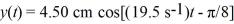 A 12.0-N object is oscillating in simple harmonic motion at the end of an ideal vertical spring.Its vertical position y as a function of time t is given by   . (a)What is the spring constant of the spring? (b)What is the maximum acceleration of the object? (c)What is the maximum speed that the object reaches? (d)How long does it take the object to go from its highest point to its lowest point?