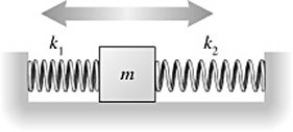 A 2.0 kg block on a frictionless table is connected to two ideal massless springs with spring constants k<sub>1</sub> and k<sub>2</sub> whose opposite ends are fixed to walls,as shown in the figure.What is angular frequency of the oscillation if   and     A)  2.5 rad/s B)  3.5 rad/s C)  0.40 rad/s D)  0.56 rad/s
