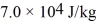 <strong>A substance has a melting point of 20°C and a heat of fusion of .The boiling point is 150°C and the heat of vaporization is at a pressure of 1.0 atm.The specific heats for the solid,liquid,and gaseous phases are , ,and ,respectively.The quantity of heat given up by 0.50 kg of the substance when it is cooled from 170°C to 88°C,at a pressure of 1.0 atmosphere,is closest to</strong> A) 70 kJ. B) 14 kJ. C) 21 kJ. D) 30 kJ. E) 44 kJ.