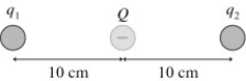 In the figure,all the charges are point charges and the charge in the middle is   For what charge q<sub>1</sub> will charge q<sub>2</sub> be in static equilibrium?   A)  12 nC B)  6.2 nC C)  3.1 nC D)  25 nC