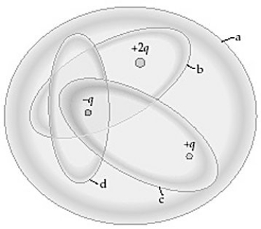 The figure shows four Gaussian surfaces surrounding a distribution of charges.   (a)Which Gaussian surfaces have an electric flux of +q/ε<sub>0</sub> through them? (b)Which Gaussian surfaces have no electric flux through them?