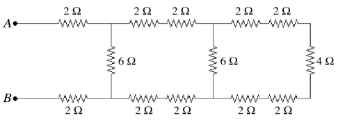 Thirteen resistors are connected across points A and B as shown in the figure.If all the resistors are accurate to 2 significant figures,what is the equivalent resistance between points A and B?   A)  4.0 Ω B)  6.0 Ω C)  8.0 Ω D)  10 Ω E)  12 Ω
