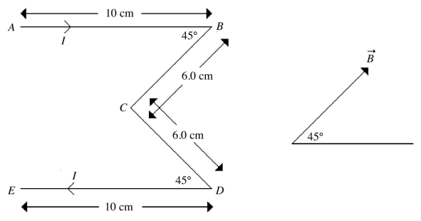 A wire in the shape of an  M  lies in the plane of the paper.It carries a current of 2.0 A,flowing from points A to E,as shown in the figure.It is placed in a uniform magnetic field of 0.75 T in the same plane,directed as shown on the right side of the figure.The figure indicates the dimensions of the wire.What are the magnitude and direction of the force acting on   (a)section AB of this wire? (b)section BC of this wire? (c)section CD of this wire? (d)section DE of this wire? (e)the entire wire?