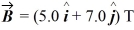 A wire carries a 4.0-A current along the +x-axis through a magnetic field   .If the wire experiences a force of 30 N   as a result,how long is the wire? A)  1.1 m B)  0.87 m C)  1.5 m D)  0.63 m