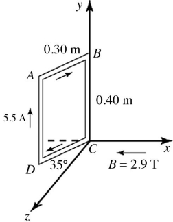 A rigid rectangular loop,which measures 0.30 m by 0.40 m,carries a current of 5.5 A,as shown in the figure.A uniform external magnetic field of magnitude 2.9 T in the negative x direction is present.Segment CD is in the xz-plane and forms a 35° angle with the z-axis,as shown.Find the magnitude of the external torque needed to keep the loop in static equilibrium.   A)  1.1 N • m B)  0.73 N • m C)  1.3 N • m D)  1.4 N • m E)  1.6 N • m