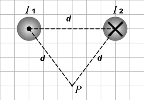 The figure shows two long,parallel current-carrying wires.The wires carry equal currents   A in the directions indicated and are located a distance d = 0.5 m apart.Calculate the magnitude and direction of the magnetic field at the point P that is located an equal distance d from each wire.     A)  8 µT downward B)  8 µT upward C)  4 µT downward D)  4 µT upward E)  4 µT to the right