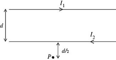 As shown in the figure,two long straight wires are separated by a distance of The currents are to the right in the upper wire and to the left in the lower wire.What are the magnitude and direction of the magnetic field at point P,which is a distance below the lower wire?