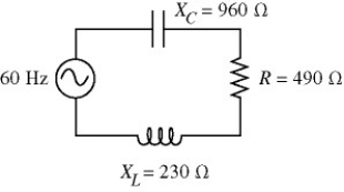 The 60-Hz ac source of a series circuit has a voltage amplitude of 120 V.The resistance,capacitive reactance,and inductive reactance are as shown in the figure.What is the rms current in the circuit?   A)  0.097 A B)  0.11 A C)  0.12 A D)  0.14 A E)  0.17 A