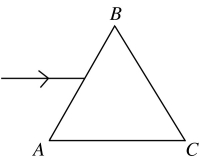 Light in air is initially traveling parallel to the face AC of an equilateral triangular prism,as shown in the figure.The prism is made of glass with an index of refraction of 1.52.If the light does not strike the face AC,what is the angle between the ray as it leaves the prism at face BC and the normal in air at that face?   A)  83° B)  19° C)  59° D)  27° E)  55°