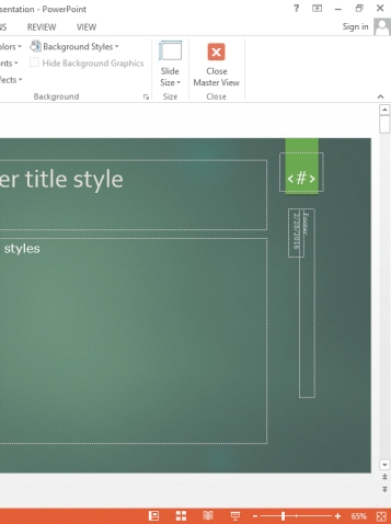   -Referring to the accompanying illustration, because the green rectangle graphic under the <#> text placeholder appears on the slide master, it appears ____. A) on the title slide of the presentation only B) on all of the slide layouts C) whenever a pound sign is entered into a text placeholder D) whenever a pound sign is entered anywhere on the slide