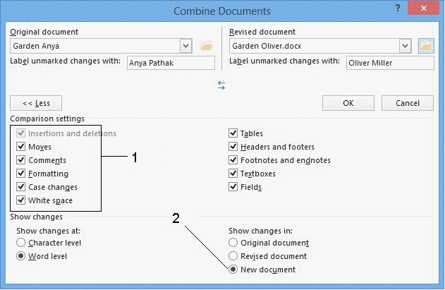   -The item marked 1 controls which items will be marked by<u> tracked changes</u>. _________________________