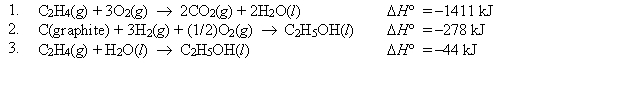 Using Hess's law and equations 1-3 below, find <font face= symbol ></font>H° at 25°C for the oxidation of C<sub>2</sub>H<sub>5</sub>OH(l) . C<sub>2</sub>H<sub>5</sub>OH(l)  + 3O<sub>2</sub>(g)  <font face= symbol ></font> 3H<sub>2</sub>O(l)  + 2CO<sub>2</sub>(g)    A)  -1367 kJ B)  44 kJ C)  632 kJ D)  -1742 kJ E)  none of these 