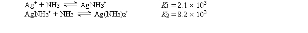 Consider a solution made by mixing 500.0 mL of 4.0 M NH<sub>3</sub> and 500.0 mL of 0.40 M AgNO<sub>3</sub>. Ag<sup>+</sup> reacts with NH<sub>3</sub> to form AgNH<sub>3</sub><sup>+</sup> and Ag(NH<sub>3</sub>) <sub>2</sub><sup>+</sup>:   The concentration of Ag<sup>+</sup> at equilibrium is A)  2.0 M. B)  4.5 <font face= symbol ></font> 10<sup>-</sup><sup>9</sup> M. C)  1.2 <font face= symbol ></font> 10<sup>-</sup><sup>8</sup> M. D)  1.6 M. E)  none of these 