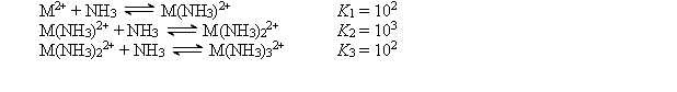 The cation M<sup>2+</sup> reacts with NH<sub>3</sub> to form a series of complex ions as follows:   A 1.0 <font face= symbol ></font> 10<sup>-</sup><sup>3</sup> mol sample of M(NO<sub>3</sub>) <sub>2</sub> is added to 1.0 L of 15.0 M NH<sub>3</sub> (K<sub>b</sub> = 1.8 <font face= symbol ></font> 10<sup>-</sup><sup>5</sup>) . Which of the following would be a dominant species in this solution? A)  M(NH<sub>3</sub>) <sup>2+</sup> B)  M(NH<sub>3</sub>) <sub>3</sub><sup>2+</sup> C)  M<sup>2+</sup> D)  M(NH<sub>3</sub>) <sub>2</sub><sup>2+</sup> 