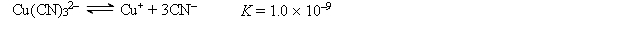A 50.0-mL sample of 2.0 <font face= symbol ></font> 10<sup>-</sup><sup>4</sup> M CuNO<sub>3</sub> is added to 50.0 mL of 4.0 M NaCN. Cu<sup>+</sup> reacts with CN<sup>-</sup> to form the complex ion Cu(CN) <sub>3</sub><sup>2</sup><sup>-</sup>:   Calculate the solubility of CuBr(s)  (K<sub>sp</sub> = 1.0 <font face= symbol ></font> 10<sup>-</sup><sup>5</sup>)  in 1.0 L of 1.0 M NaCN. A)  0.33 mol/L B)  1.0 <font face= symbol ></font> 10<sup>-</sup><sup>6</sup> mol/L C)  1.0 <font face= symbol ></font> 10<sup>3</sup> mol/L D)  1.0 mol/L E)  none of these 