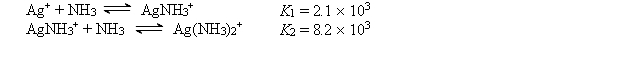 The Ag<sup>+</sup> ion reacts with NH<sub>3</sub> to form the following complex ions:   AgCl (K<sub>sp</sub> = 1.6 *10<sup>-</sup><sup>10</sup>) is dissolved to its solubility limit in 10.0 M NH<sub>3</sub>. Calculate the equilibrium concentrations of Ag<sup>+</sup>, Cl<sup>-</sup>, Ag(NH<sub>3</sub>)<sub>2</sub><sup>+</sup>, and NH<sub>3</sub>.